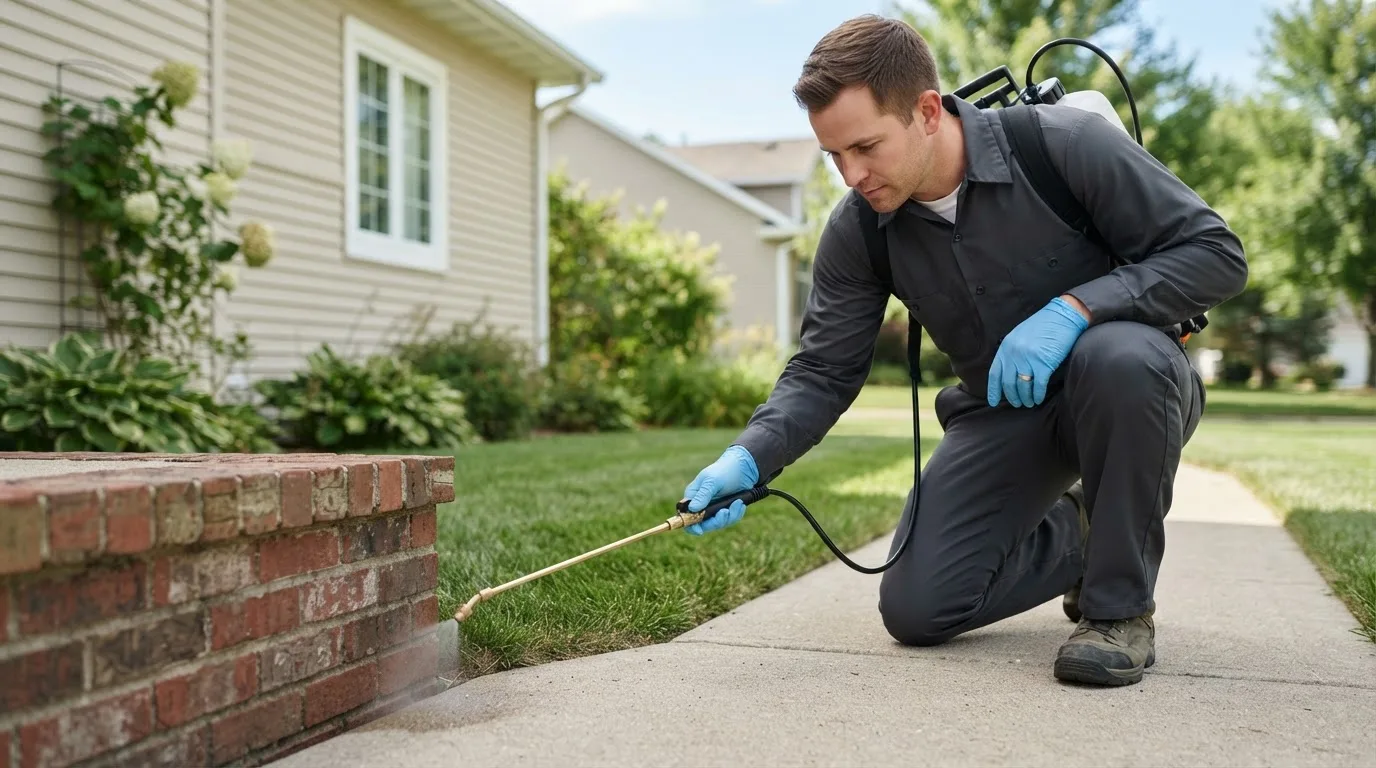 Pest control technician treating a home near Fruitland, IA