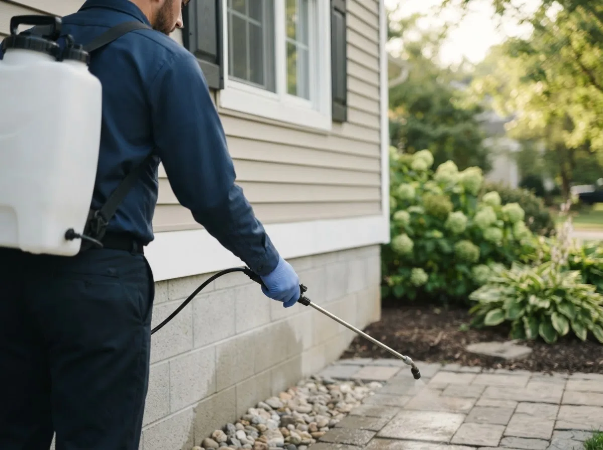 Pest control technician inspecting a home in Fruitland, IA